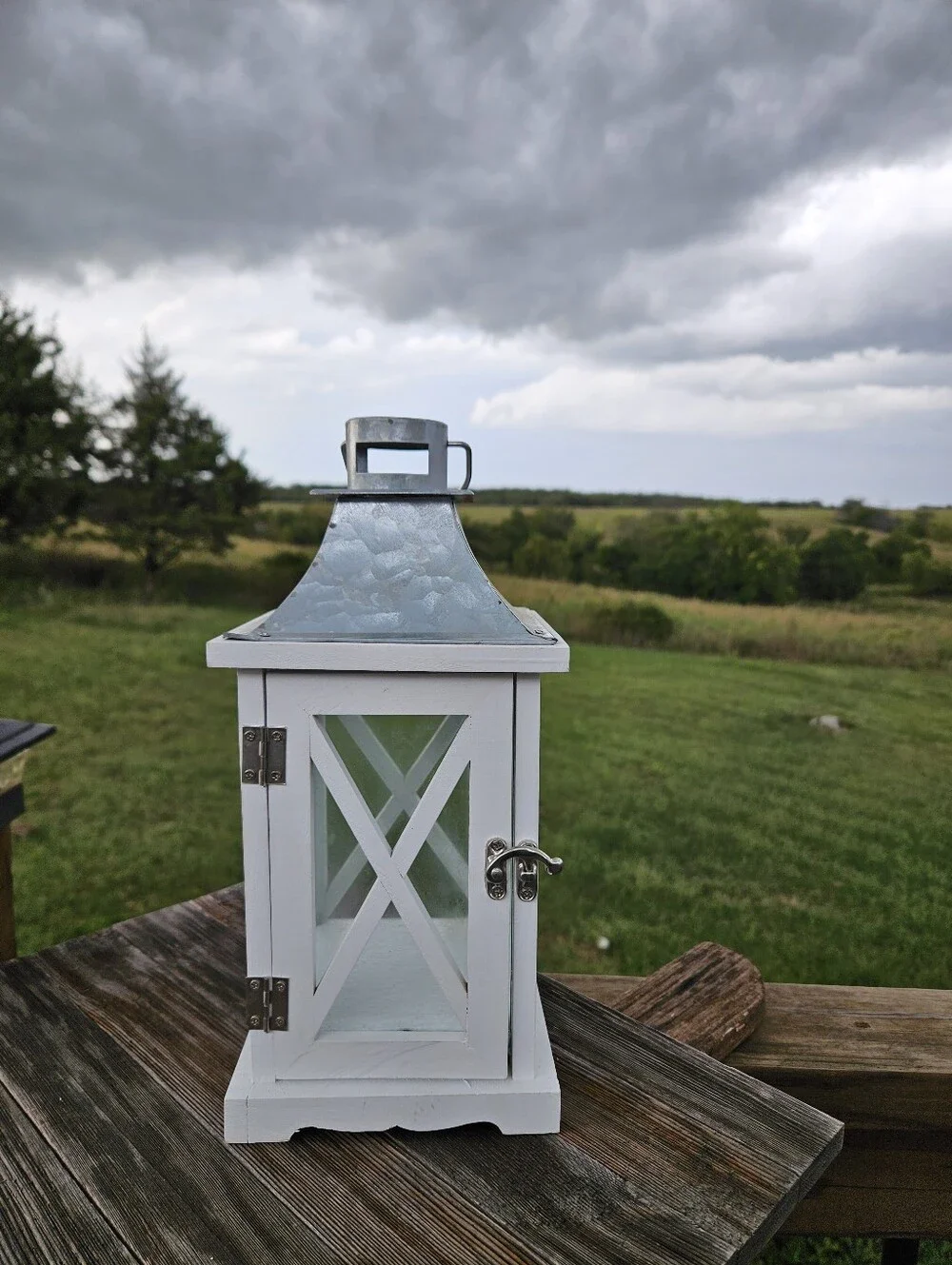 Vintage White Wood Candle Lantern Galvanized Metal Top Country Farmhouse Decor